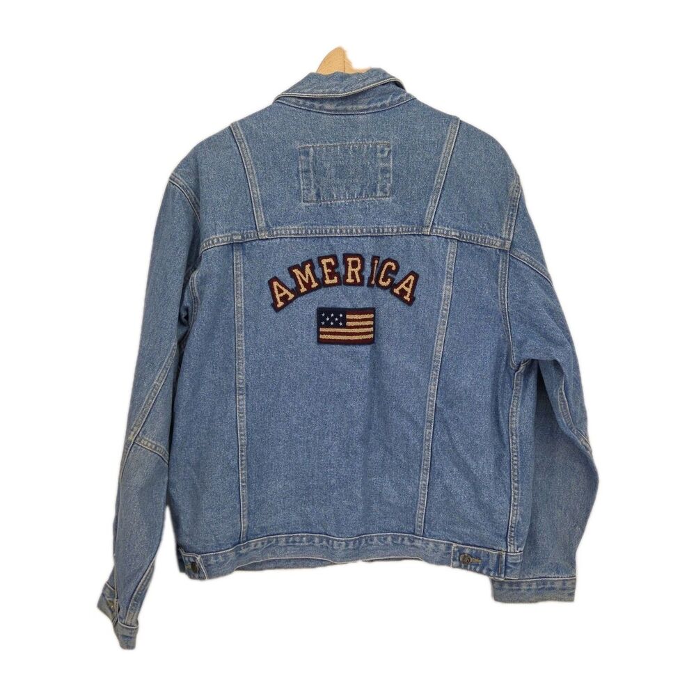 Vintage 90s Brindar USA Patriotic Denim Trucker Jacket America Flag Patch Large